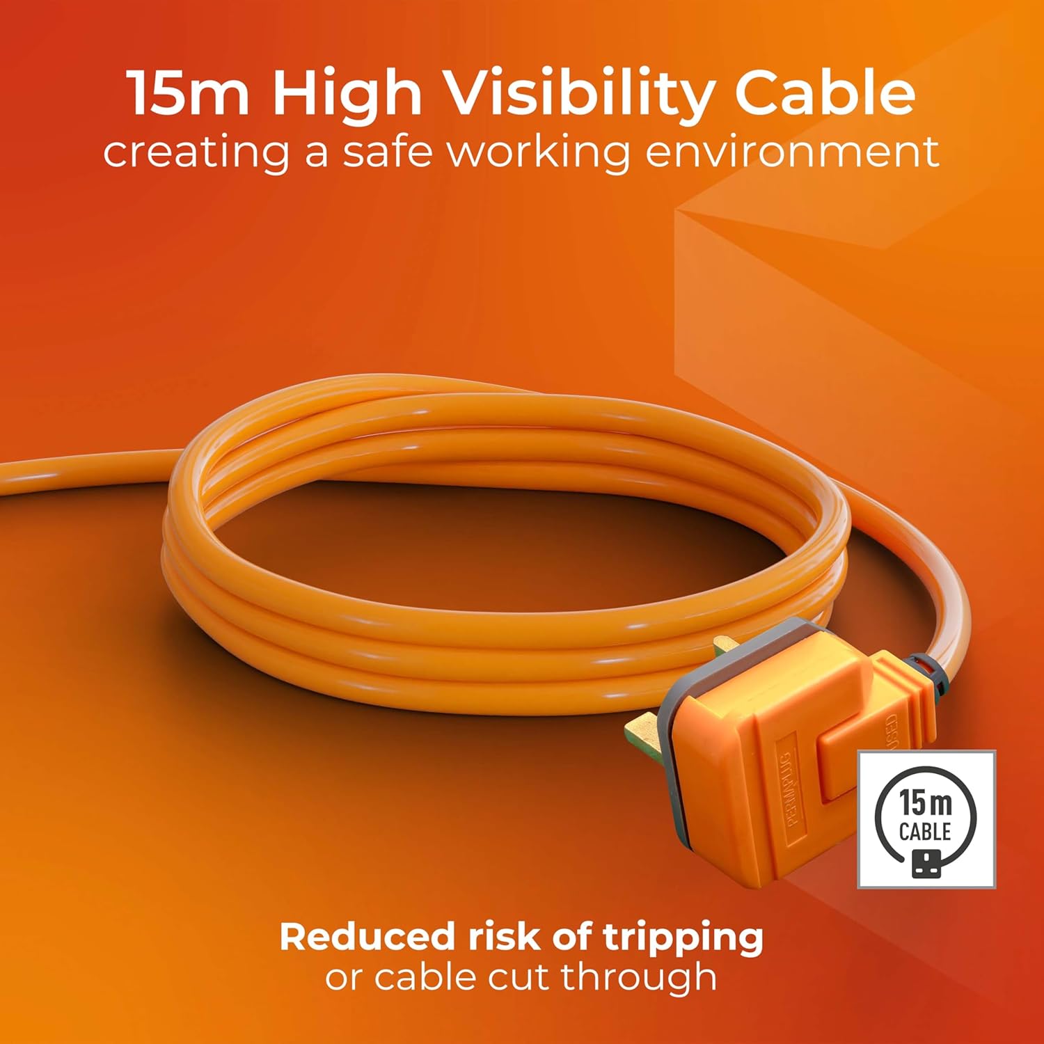 15M Heavy Duty Outdoor Extension Lead, Single Socket with Cable Tidy – 13A Orange