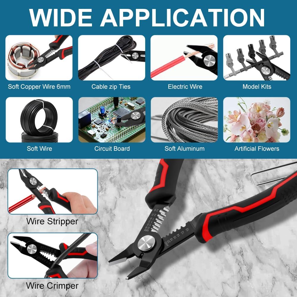 Wire Cutters, 3 in-1 Cable Cutters for 10-20 AWG Stranded, Hidden Spring, Non-Slip Handle, Safety Lock, Side Cutter for Electronics, Electrical Repair, Appliance, DIY, Circuit Boards