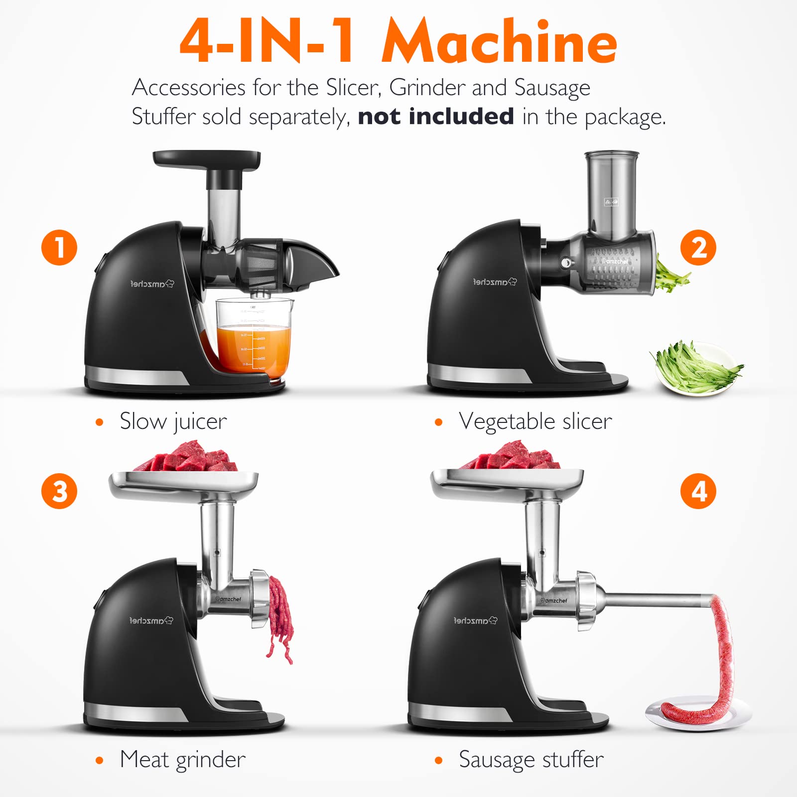 AMZCHEF Juicer Machines - Cold Press Slow Juicer - Masticating Juicer for Whole Fruits and Vegetables - Delicate Chew No Need to Filter - BPA Free Juice Extractor with 2 Cups and Brush - Black