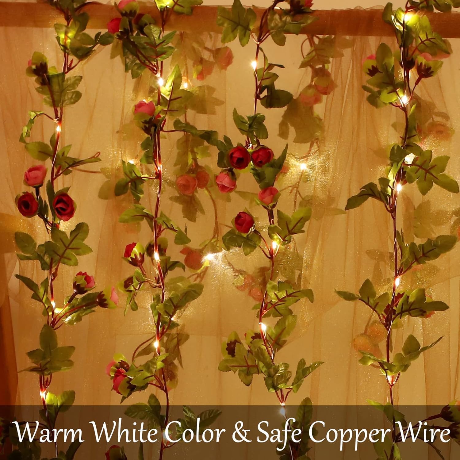Rose Flower String Lights, 2M 20 LED Battery Powered Artificial Rose Garland for Indoor Bedroom, Wedding and Party Decoration