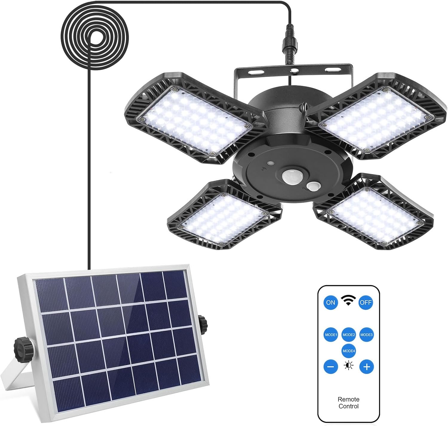 Solar Shed Light: Indoor/Outdoor Pendant with Remote Control, 128 LEDs, 1000LM, Solar Powered with Motion Sensor, IP65 Waterproof for Home, Yard, Barn, Gazebo, Patio, and Porch