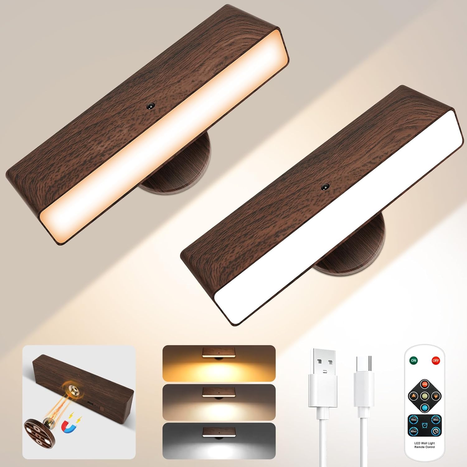 Rechargeable Wall Lights Indoor Set of 2 Wireless Magnetic Sconces Walnut
