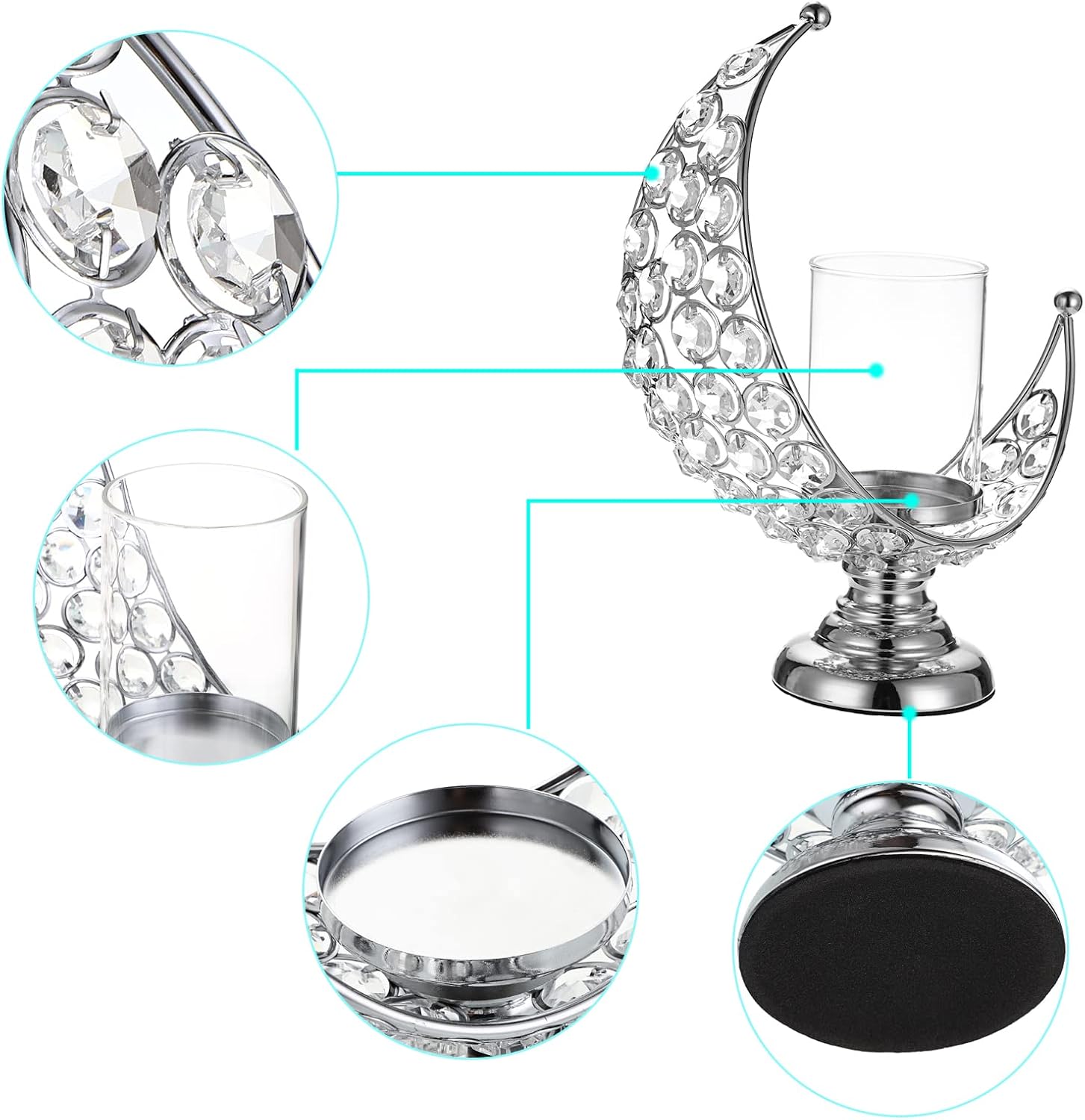 Moon Shape Crystal Tea Light Candle Holder with Detachable Shade – Silver Metal Table Centerpiece for Home, Wedding & Party Decor