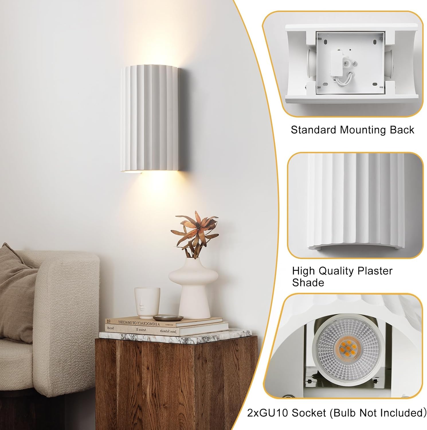 Modern Up and Down Wall Light – Dual GU10 Bulbs with White Ceramic Paintable Wave-Pattern Shade for Living Room, Kitchen, Bedroom, or Hallway