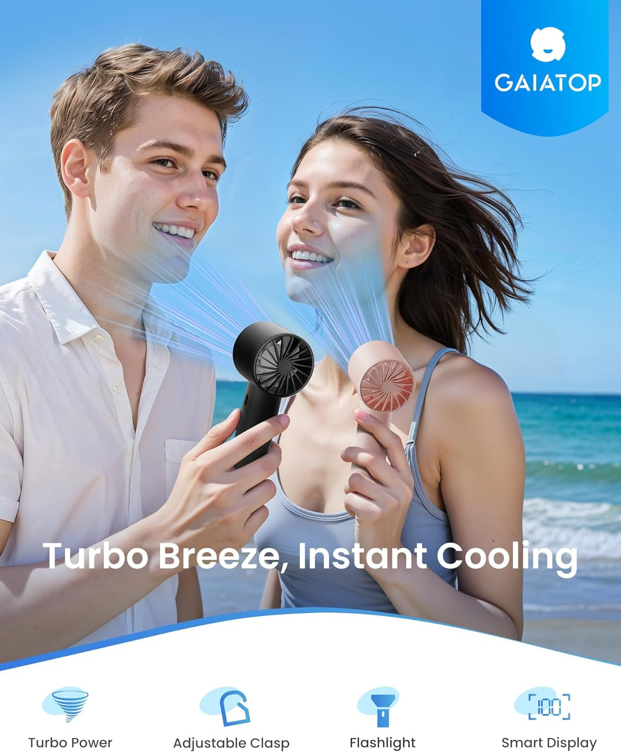 Turbo Handheld Fan with LED Torch and Clasp Base
