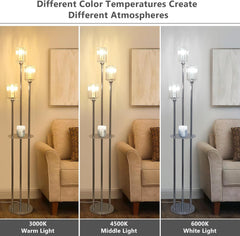 Three floor lamps with different color temperatures in a room setting.