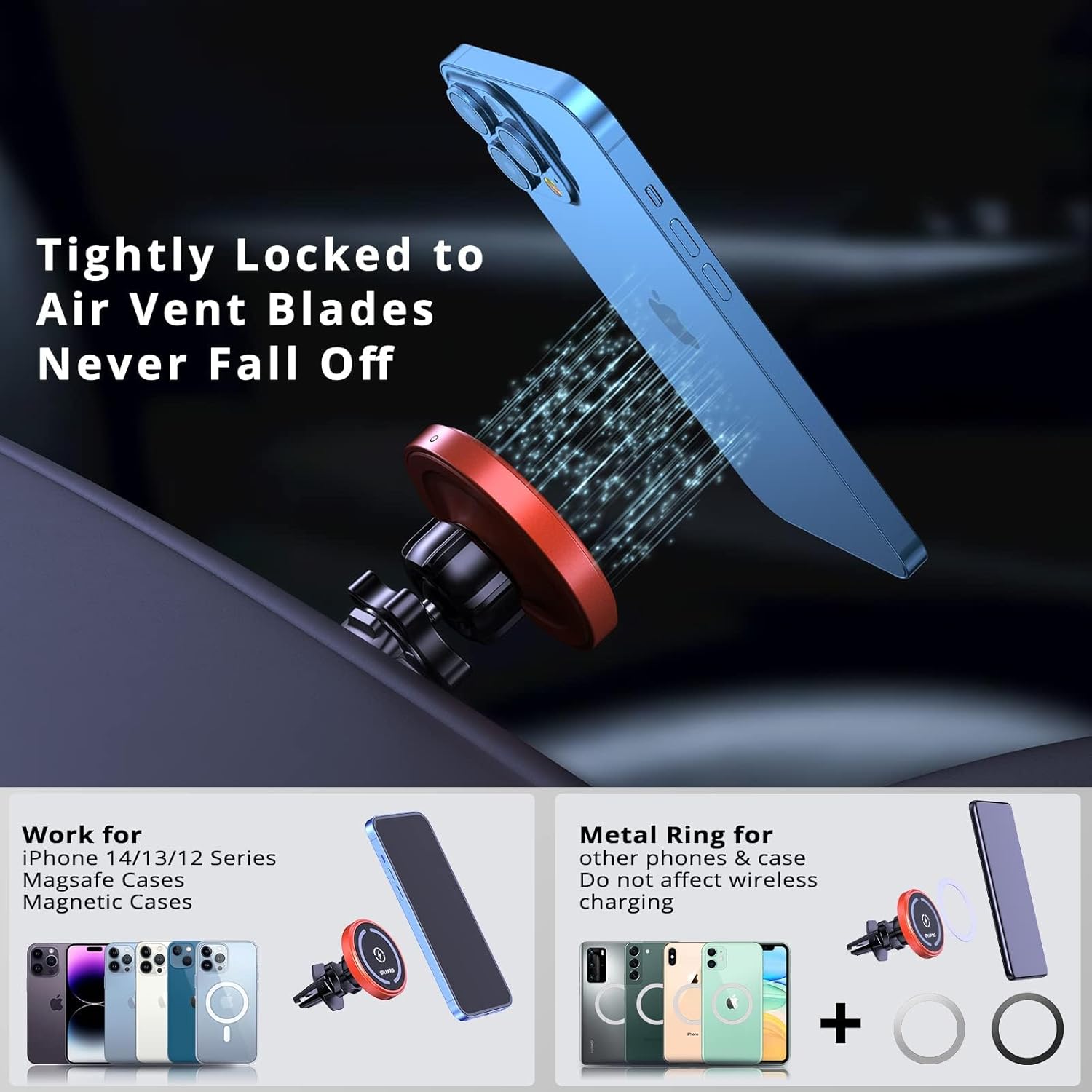 OHLPRO Red Magsafe Car Mount Charger for iPhone 16/15/14/13 Series, 15W Fast Charging