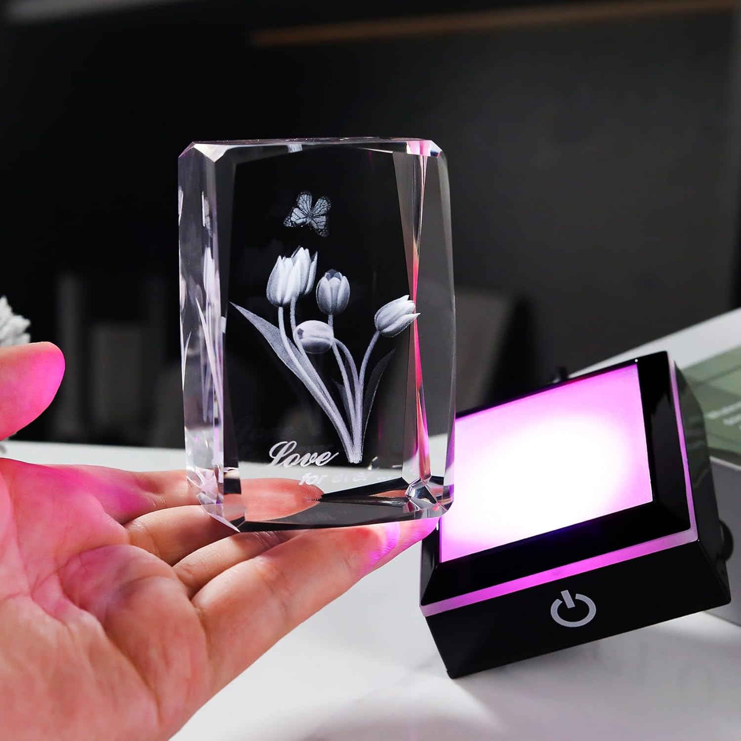 3D Crystal Tulip with Butterfly Keepsake and LED Light Base, Romantic Floral Gift for Her