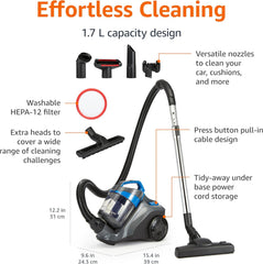 Amazon Basics 850W Bagless Cylinder Vacuum Cleaner 1.7L – Compact Lightweight Design with Triple-Action Nozzle & HEPA Filter – Black & Blue (UK)