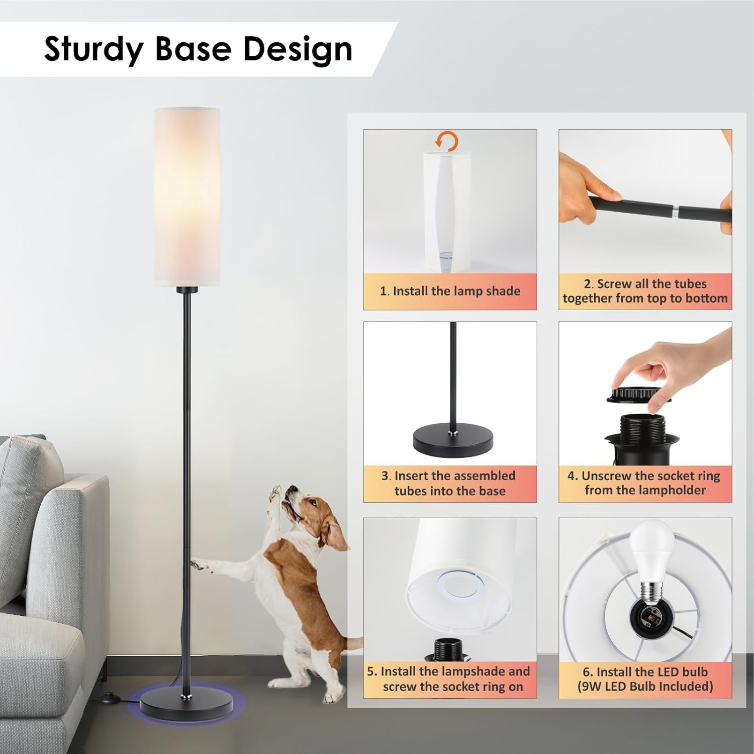 Floor lamp with installation instructions and a dog interacting with it.