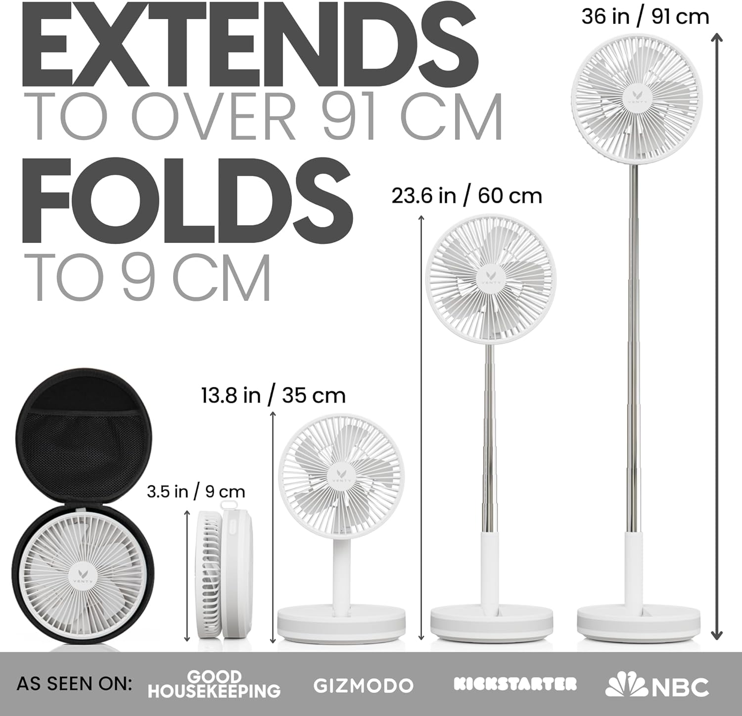 VENTY Portable Fan - Wireless Battery Operated, 48HR Run Time 16000MAH Battery, Oscillating Rechargeable Fans, Remote Control & LED Lighting, Folding Telescopic Camping Fan (White with Case)