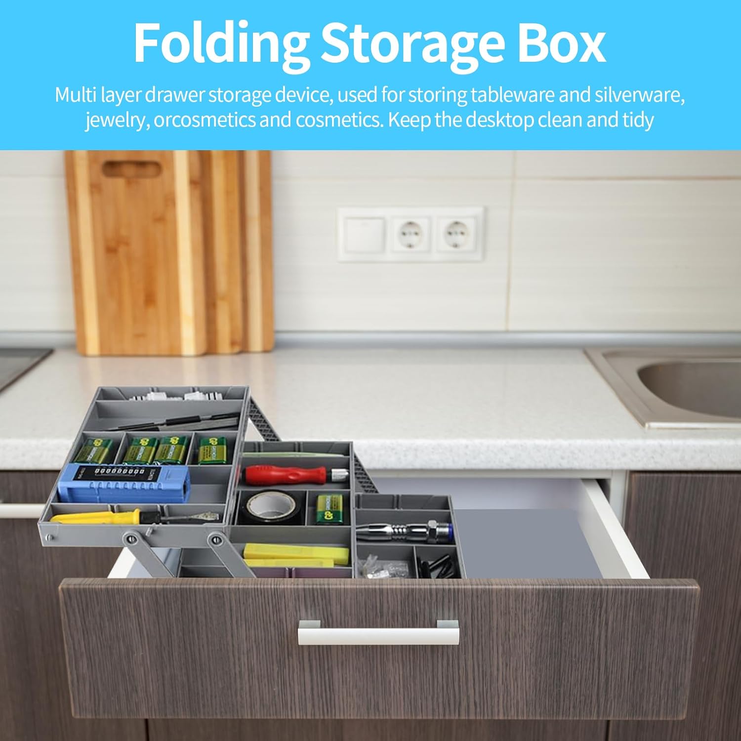 3-Tier Expandable Drawer Organizer, Folding Multi-Level Makeup & Office Storage Tray