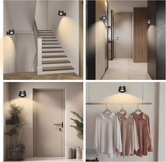 Collage of interior design elements including a staircase, hallway, door, and hanging clothes.