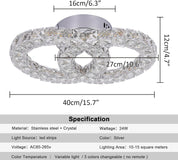 Crystal Chandelier Light Fixture LED Ceiling Lamp 2-Rings Flush Mount