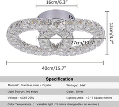 Crystal Chandelier Light Fixture LED Ceiling Lamp 2-Rings Flush Mount