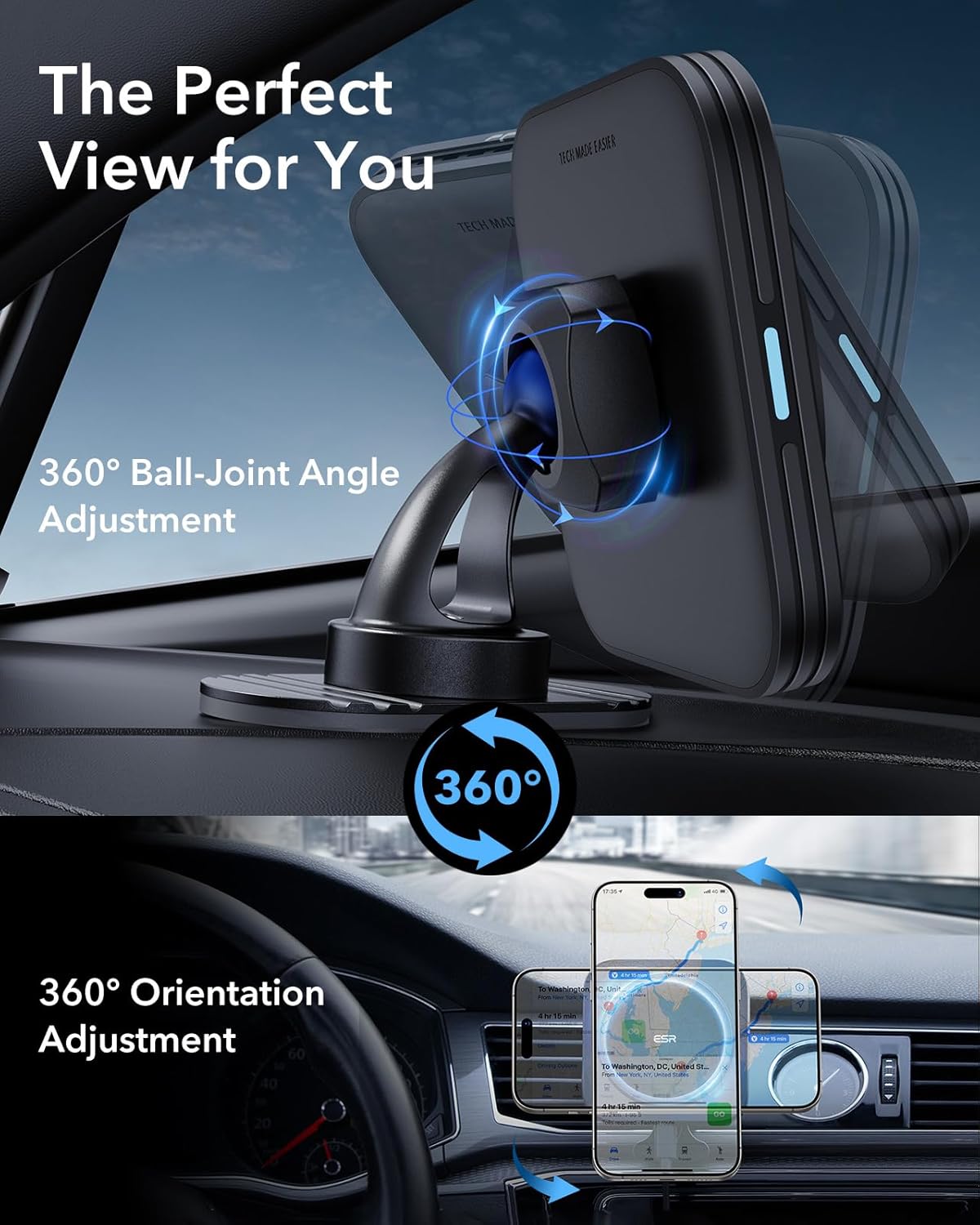 MagSafe Car Mount Charger 15W Fast Charge with 36W Dual USB-A Adapter Black