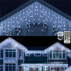 20M Icicle Lights – Warm White Christmas Curtain Fairy Lights with 108 Drops, Mains Powered for Outdoor Gazebo, Balcony, and Eaves Decorations