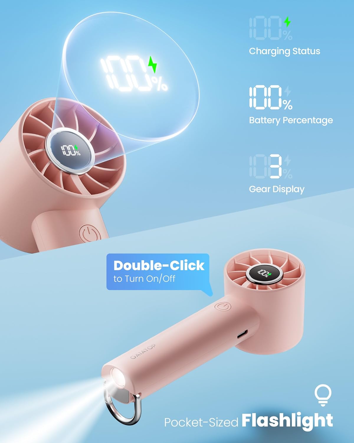 Mini Turbo Handheld Fan with LED Torch Pink