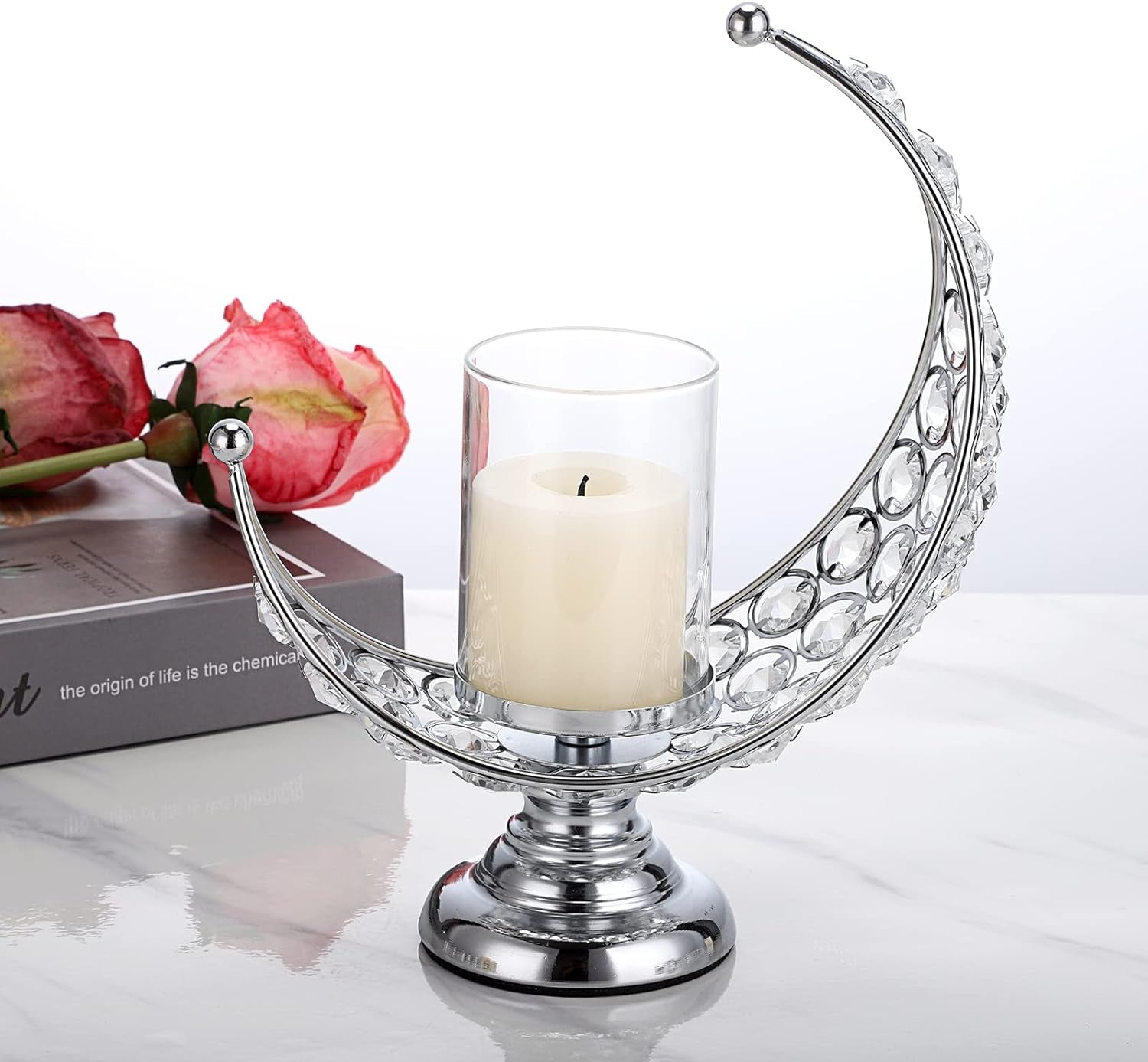Moon Shape Crystal Tea Light Candle Holder with Detachable Shade – Silver Metal Table Centerpiece for Home, Wedding & Party Decor