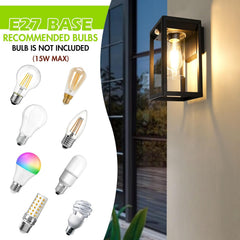Outdoor wall light fixture with recommended E27 base bulbs displayed on a white background.