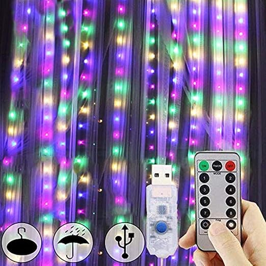300 LED USB Curtain Lights – 8 Modes, Waterproof, Remote