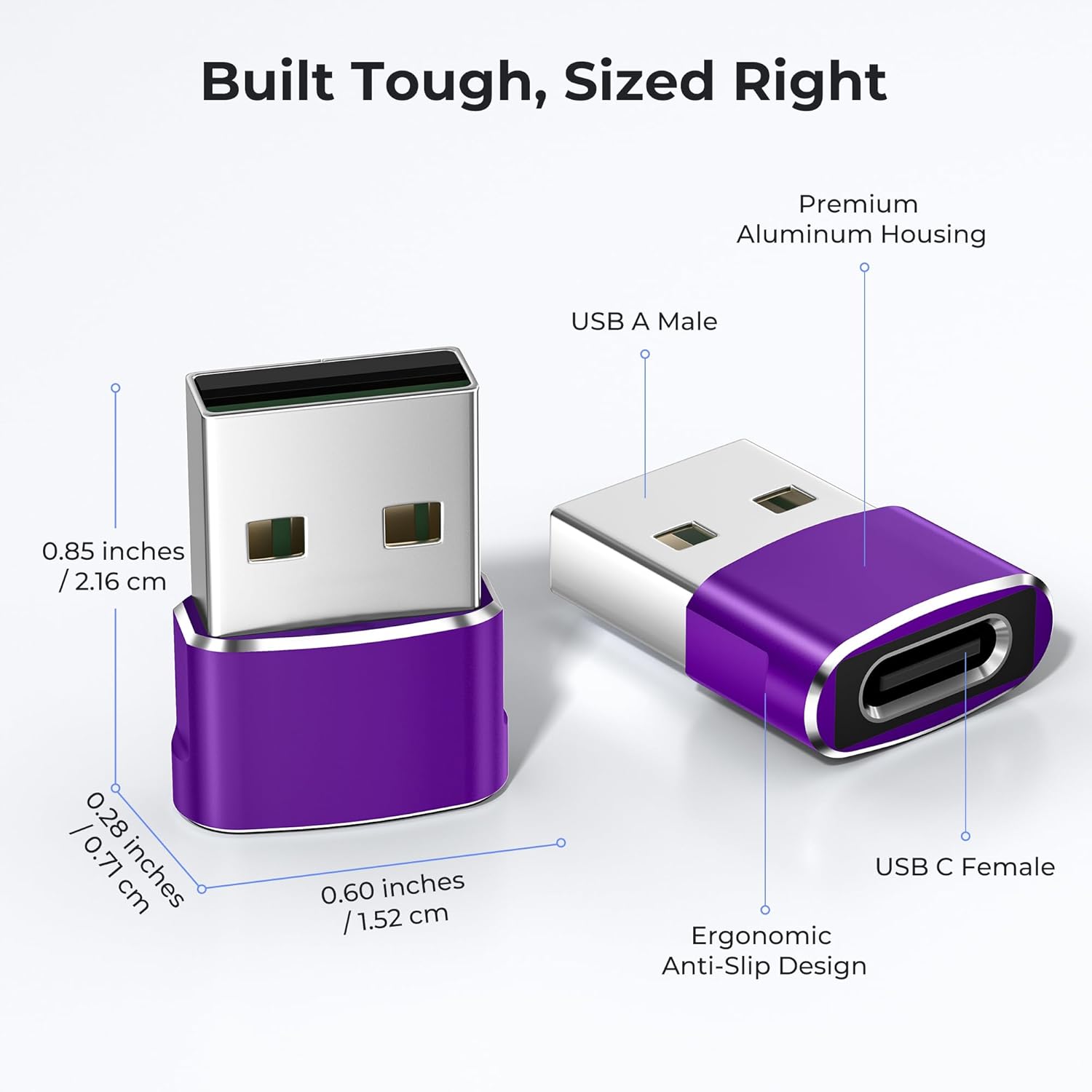 USB to USB-C Adapter 3-Pack (Purple) – Type-C Female to USB-A Male Converter for iPhone 11–16, Apple Watch Series 7/8, iPad Air/Mini, Samsung Galaxy S22/S23/S24