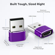 USB to USB-C Adapter 3-Pack (Purple) – Type-C Female to USB-A Male Converter for iPhone 11–16, Apple Watch Series 7/8, iPad Air/Mini, Samsung Galaxy S22/S23/S24