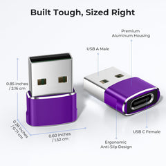 USB to USB-C Adapter 3-Pack (Purple) – Type-C Female to USB-A Male Converter for iPhone 11–16, Apple Watch Series 7/8, iPad Air/Mini, Samsung Galaxy S22/S23/S24
