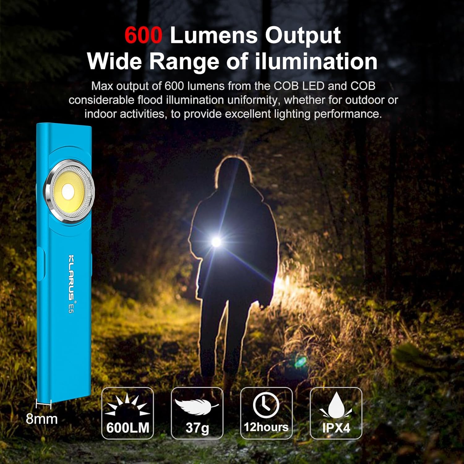 Blue flashlight with 600 lumen output in a dark outdoor setting