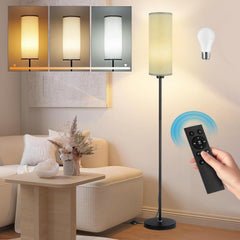 Floor lamp with remote control in a living room setting