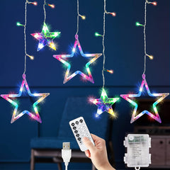 12 Stars & 138 LEDs Curtain Lights – 8 Modes, USB & Battery Operated Fairy Lights for Indoor Christmas Decorations