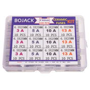 BOJACK 4 Values 120 pcs 3 5 10 13 A amp 240 V Volt Household Mains Plug Fuse 6.3x25 mm 0.25x1Inch BS1362 Ceramic Tube Cartridge Fuses Assortment Kit packag in a Clear Plastic Box