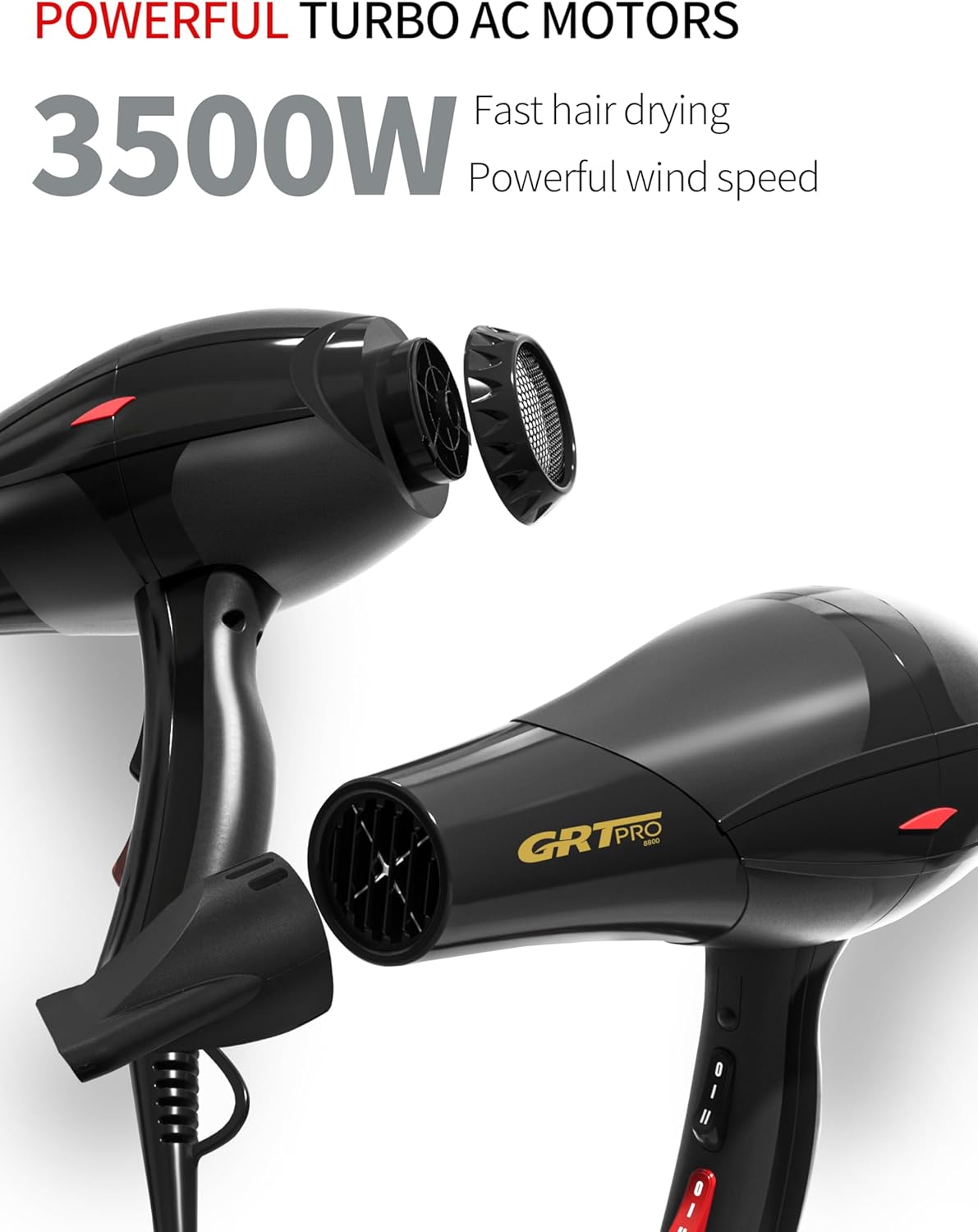 Hair Dryer 3500W – Ionic AC Motor with Blue Light Anion, 3 Heat & 2 Speed, Diffuser & Nozzles