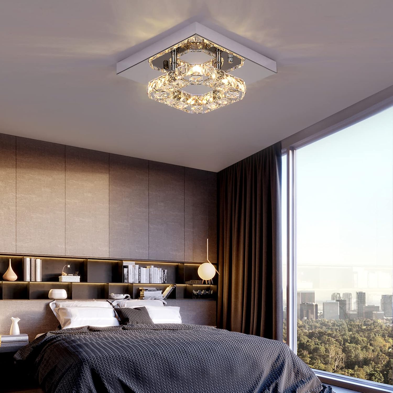 Modern Square K9 Crystal LED Chandelier Flush Mount Ceiling Light