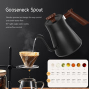 RHD Electric Gooseneck Kettle 0.9L – LCD Display, Real-Time Temp Control, 1200W Fast Heat, 304 Stainless Steel, Matte Black