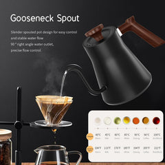 RHD Electric Gooseneck Kettle 0.9L – LCD Display, Real-Time Temp Control, 1200W Fast Heat, 304 Stainless Steel, Matte Black