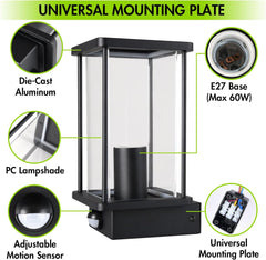 Black outdoor lamp with features highlighted on a white background
