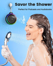 Person showering with a handheld showerhead and a showerhead speaker labeled 'Savor the Shower' on a blue background.