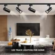 Modern living room with LED track lighting fixture on ceiling