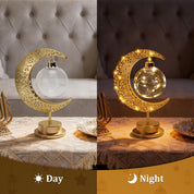 Ramadan Crescent Moon Table Lamp – Battery Operated Metal Half Moon LED Night Light with Star Design, Eid Bedside Decoration for Home & Bedroom