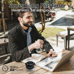 Man using a laptop outdoors with text about music playtime