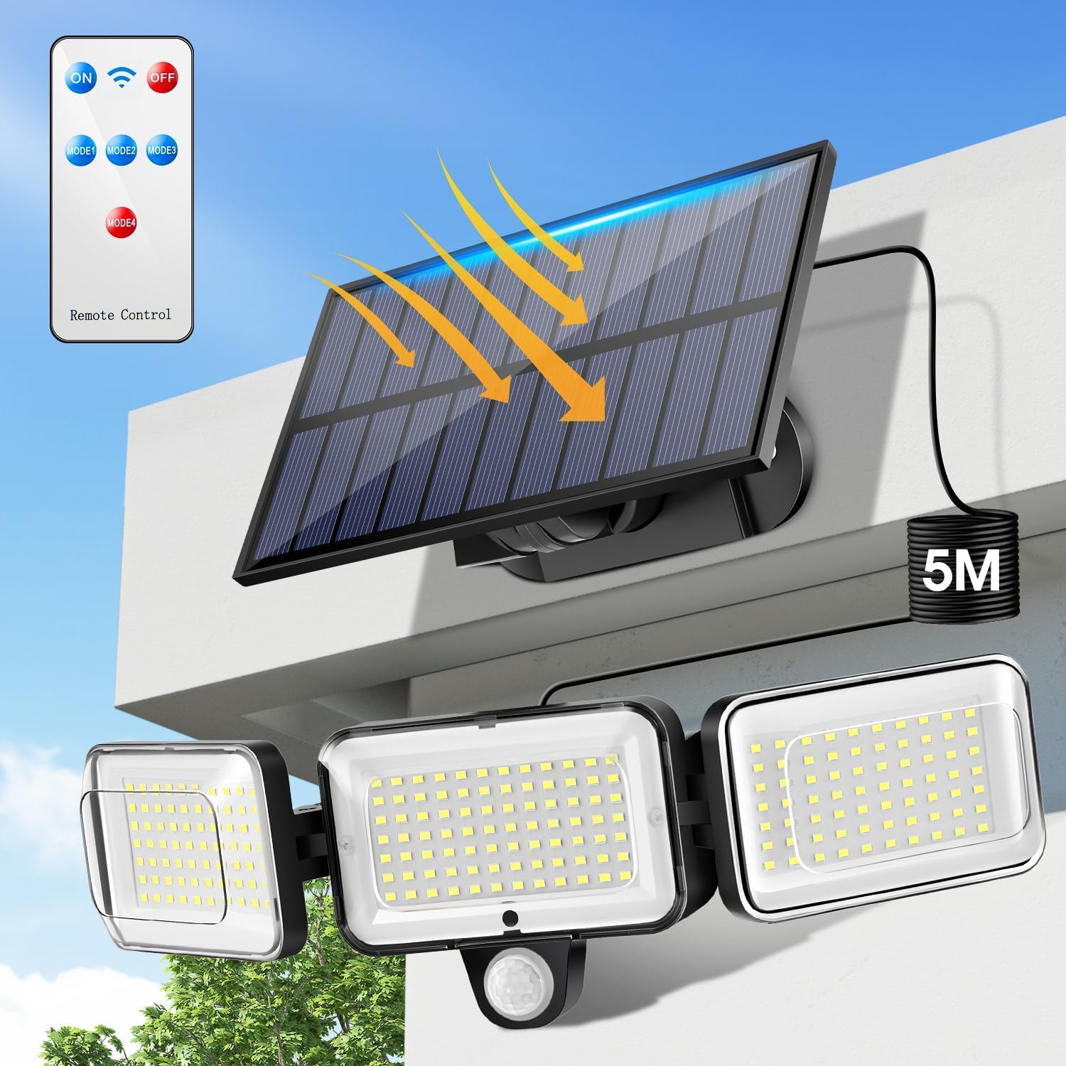 Solar Security Lights Outdoor, 224 LED, 2000LM, 300° Wide Angle, with 4 Modes and Remote, IP65 Waterproof, Solar Powered Security Light