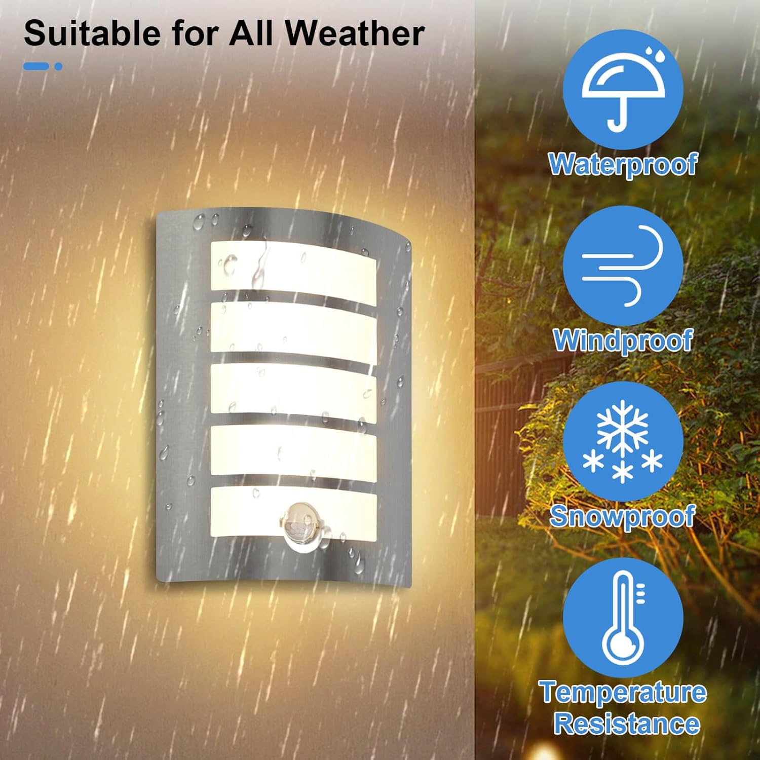 Outdoor wall light fixture with weather resistance features shown in rain and snow conditions.