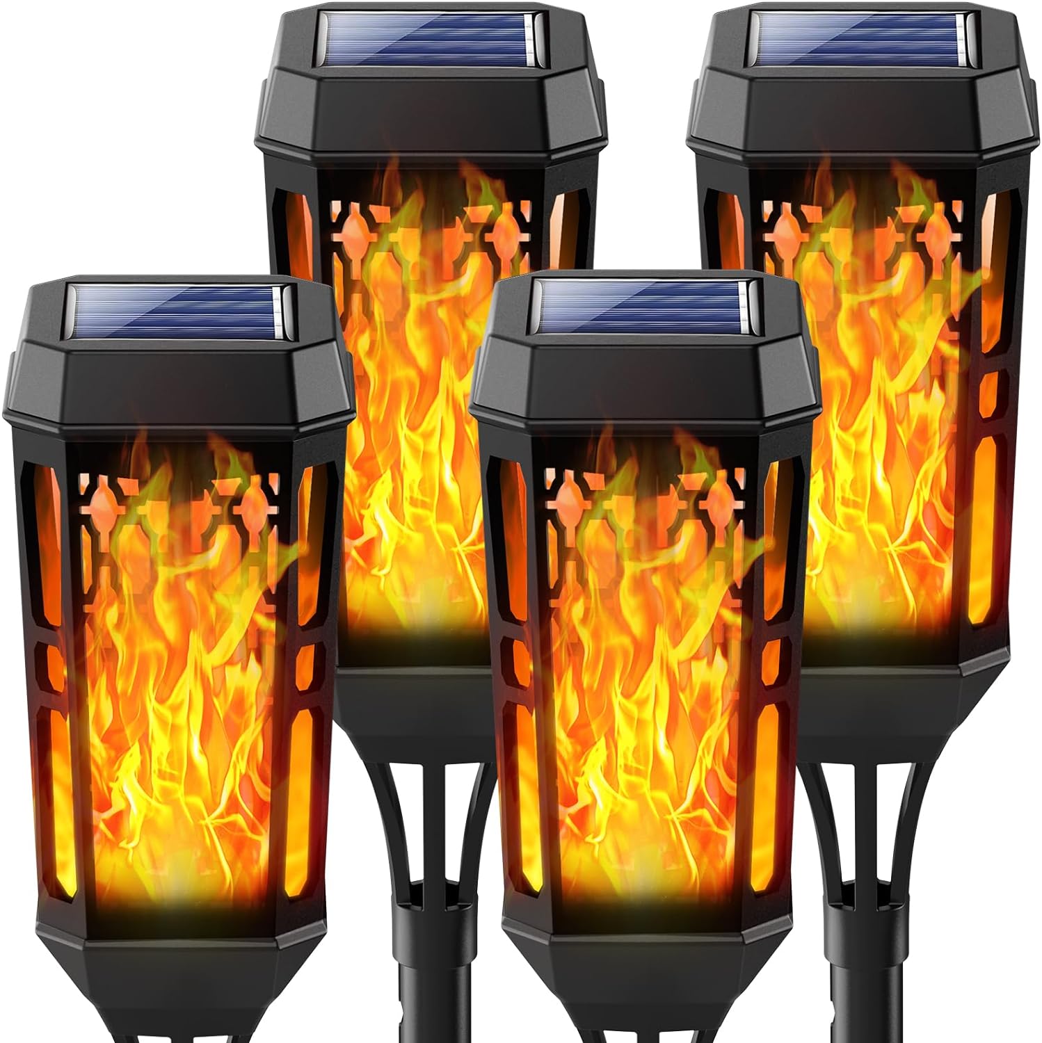 4-Pack Flame Solar Lights, IP65 Waterproof, Solar Flickering Dancing Lights, Auto On/Off Landscape Lighting for Outdoor Garden, Patio, Pathway, Yard, Driveway, and Halloween Decorations