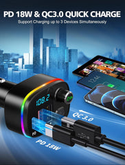 Bluetooth 5.3 FM Transmitter Car Adapter – QC3.0 & PD 18W Charger with RGB Lights
