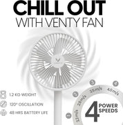 VENTY Portable Fan - Wireless Battery Operated, 48HR Run Time 16000MAH Battery, Oscillating Rechargeable Fans, Remote Control & LED Lighting, Folding Telescopic Camping Fan (White with Case)