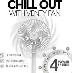 VENTY Portable Fan - Wireless Battery Operated, 48HR Run Time 16000MAH Battery, Oscillating Rechargeable Fans, Remote Control & LED Lighting, Folding Telescopic Camping Fan (White with Case)
