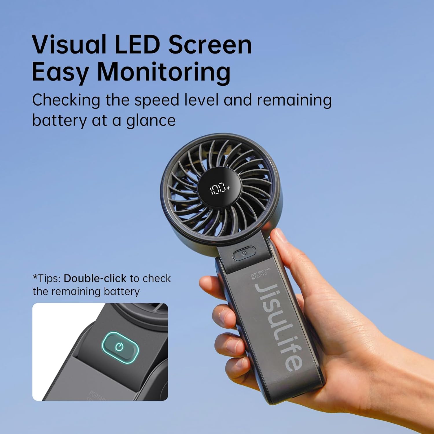 JISULIFE Handheld Fan Life7 – Ultimate Flexibility: High-Power Motor, LED Display, 5000mAh Rechargeable, 5-Speed, Foldable Design, 3-IN-1 Portable Hand/Desk/Neck Fan for Travel, Gift for Women (Black)