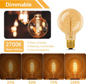 Dimmable light bulb with warm white light and visible filament, shown with different brightness levels.
