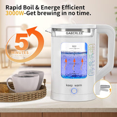 Gaberlee Electric Kettle 1.7L Glass 3000W Fast Boil Quiet Kettle with LED & Keep Warm